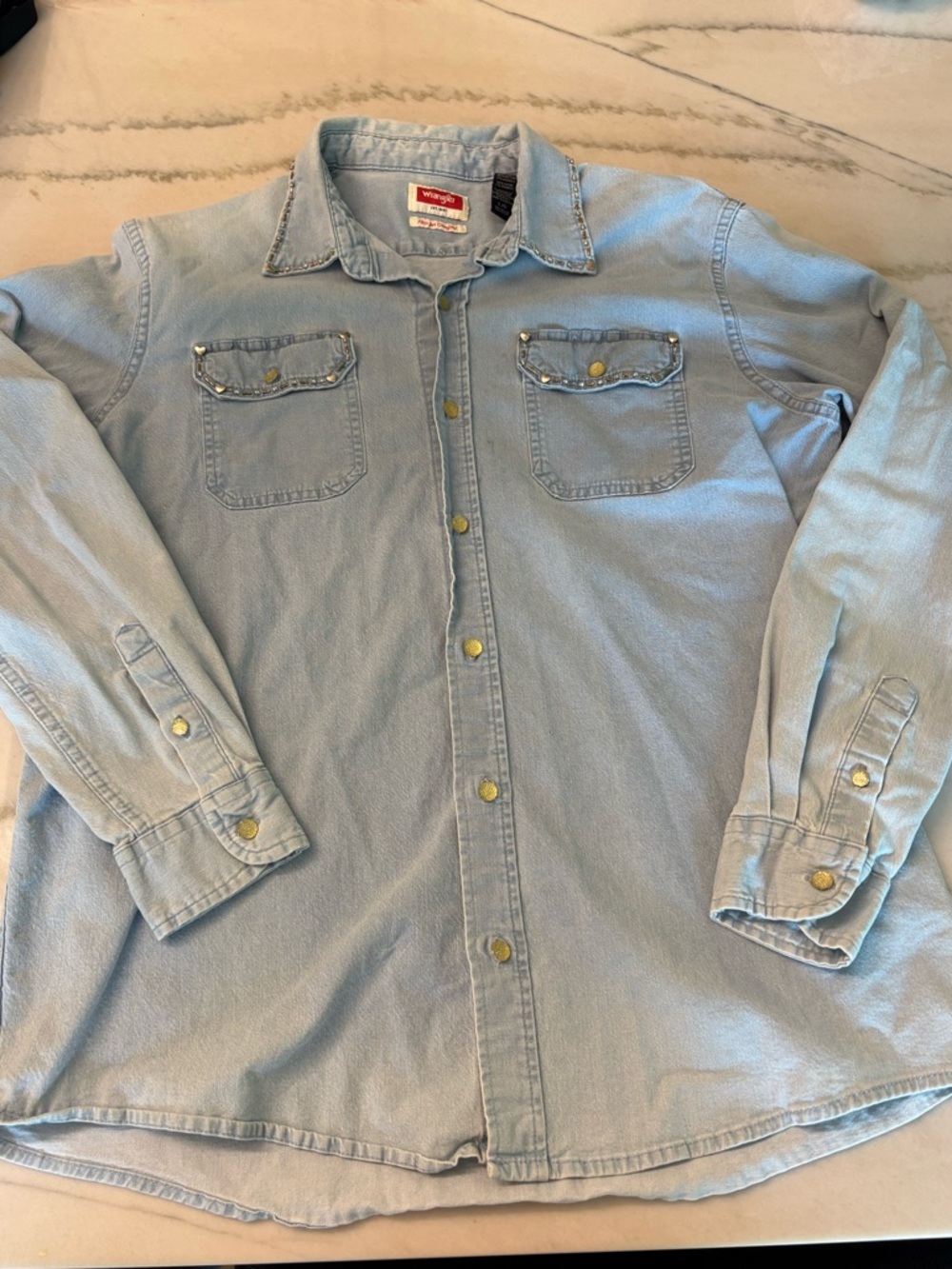 Wrangler Western Embellished Jewel and Beaded light wash denim button up- size L